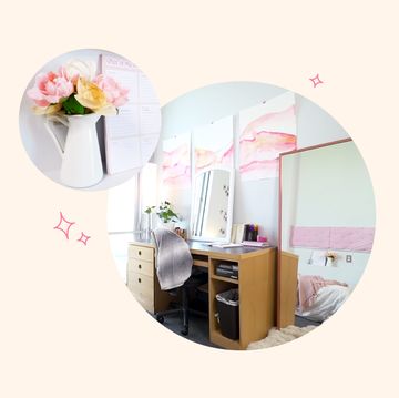 a pink and white dorm room