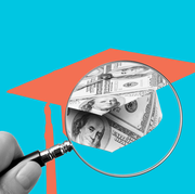 design of hand holding magnifying glass above illustration of graduation cap on blue background revealing hundred dollar bills